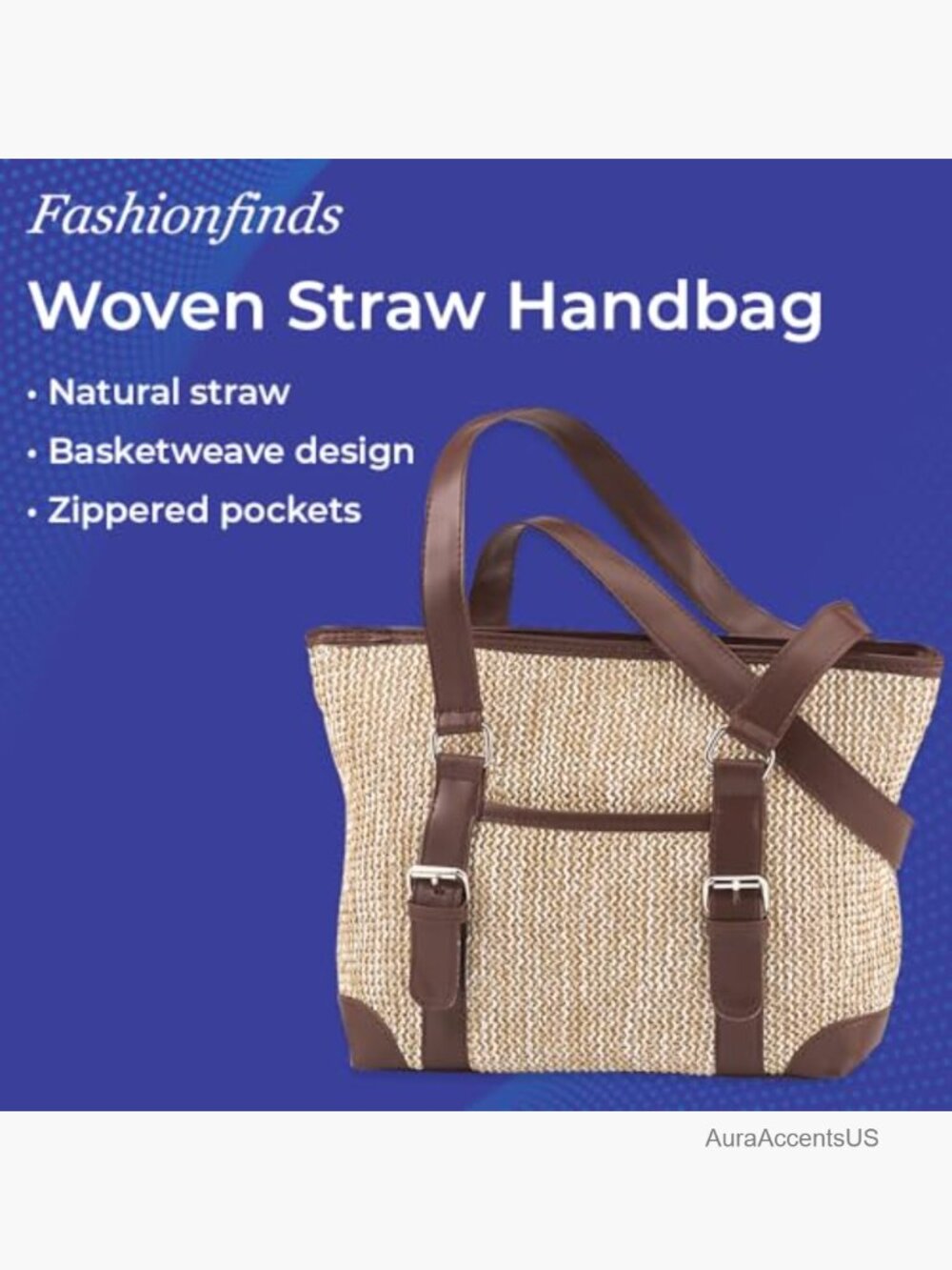 Straw Woven Shoulder Bag with Multiple Pockets Top Zip Closure - Picture 2 of 7